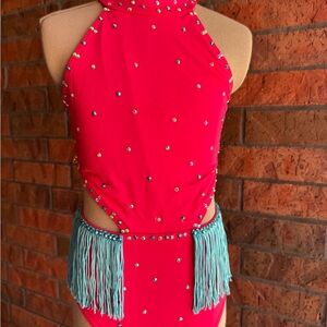 Bright Pink Halter Leotard with Fringe
